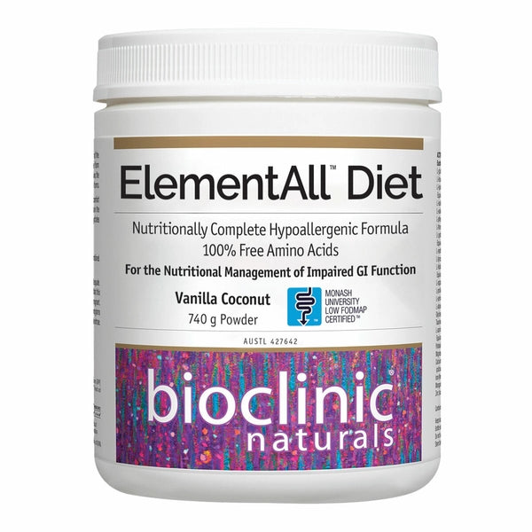 Bioclinic Naturals ElementAll Diet 740g vanilla coconut powder elemental diet gut repair hypoallergenic free form amino acids SIBO Australia Health Potential