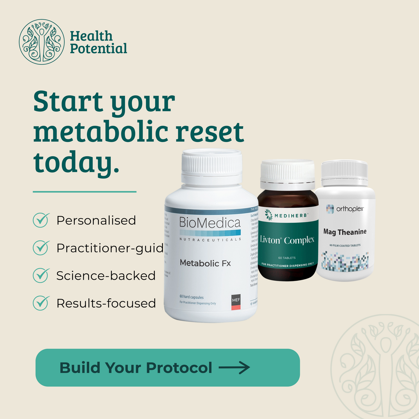 The Metabolic Reset Protocol supplement bundle- BioMedica Metabolic Fx 60 capsules, MediHerb Livton Complex 60 tablets, and Orthoplex Mag Theanine 60 tablets. Practitioner-curated natural GLP-1 metabolic support protocol. Buy online Australia - Health Potential.
