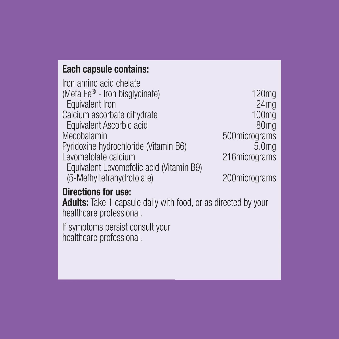Metagenics Hemagenics Iron Advanced Meta Fe Iron Bisglycinate 5MTHF B12 Ingredients Panel Australia Health Potential