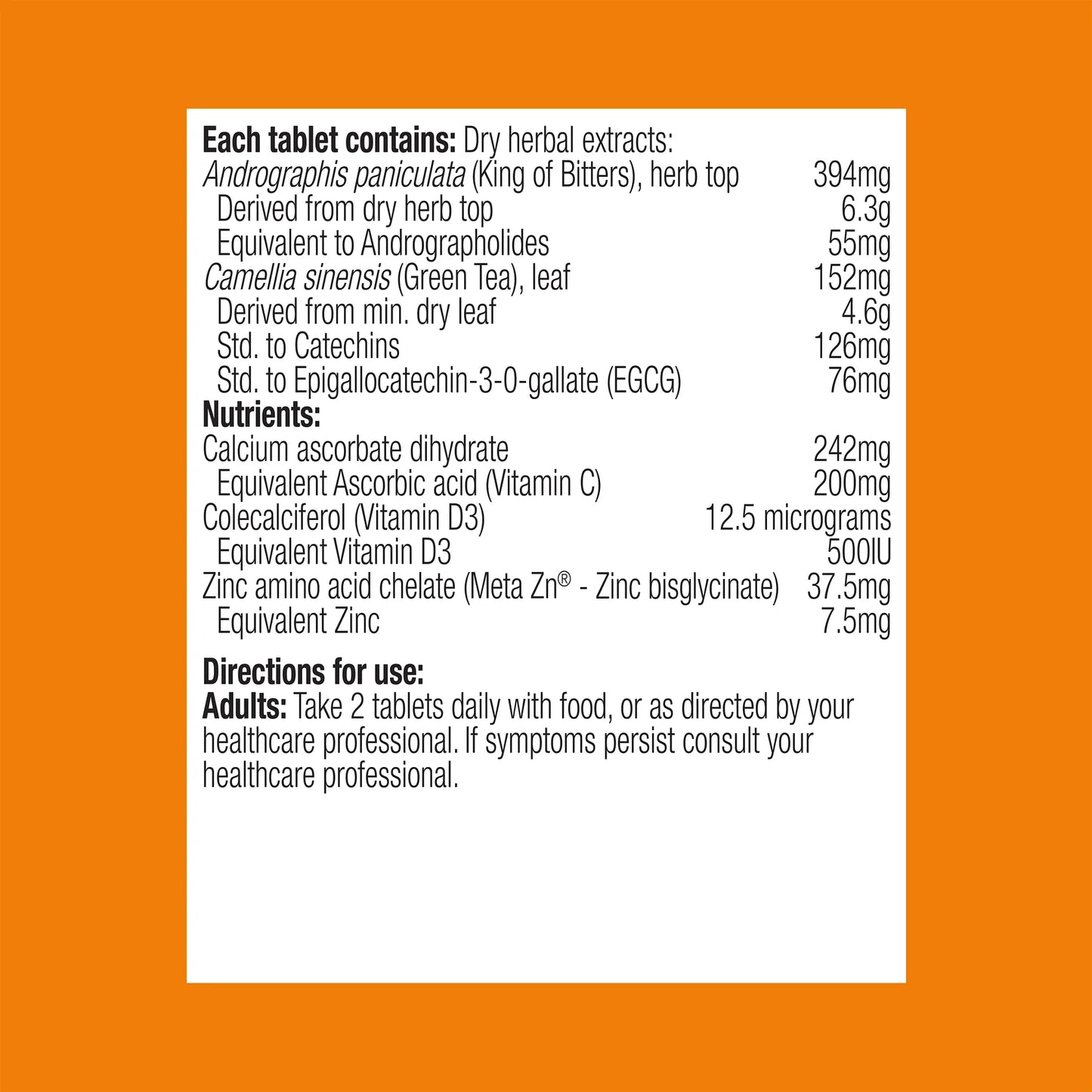 Metagenics Immune Active NK Andrographis EGCG Zinc Vitamin C D3 Cold Immune Ingredients Panel Australia Health Potential
