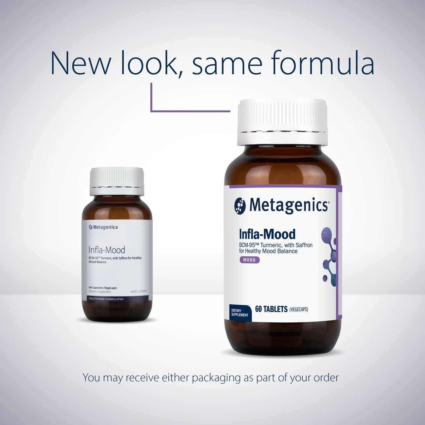 Metagenics Infla-Mood New Look Same Formula BCM-95 Curcumin Saffron Mood Support Australia Health Potential