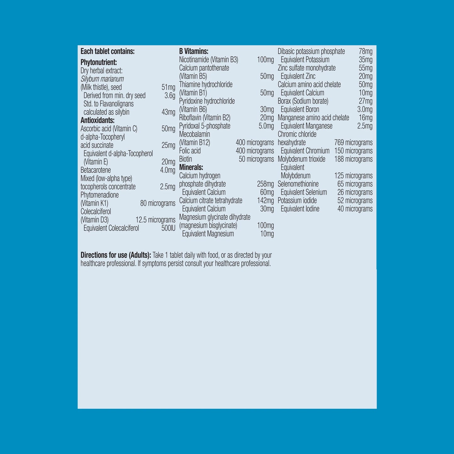 Metagenics Male Essentials Multivitamin Mineral ingredients panel zinc milk thistle vitamin D mecobalamin B complex selenium minerals Australia Health Potential