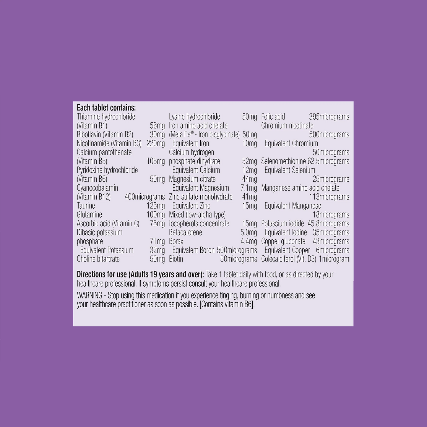 Metagenics Meta B Complex ingredients panel B vitamins taurine glutamine Meta Fe iron magnesium zinc selenium Dunaliella Australia Health Potential
