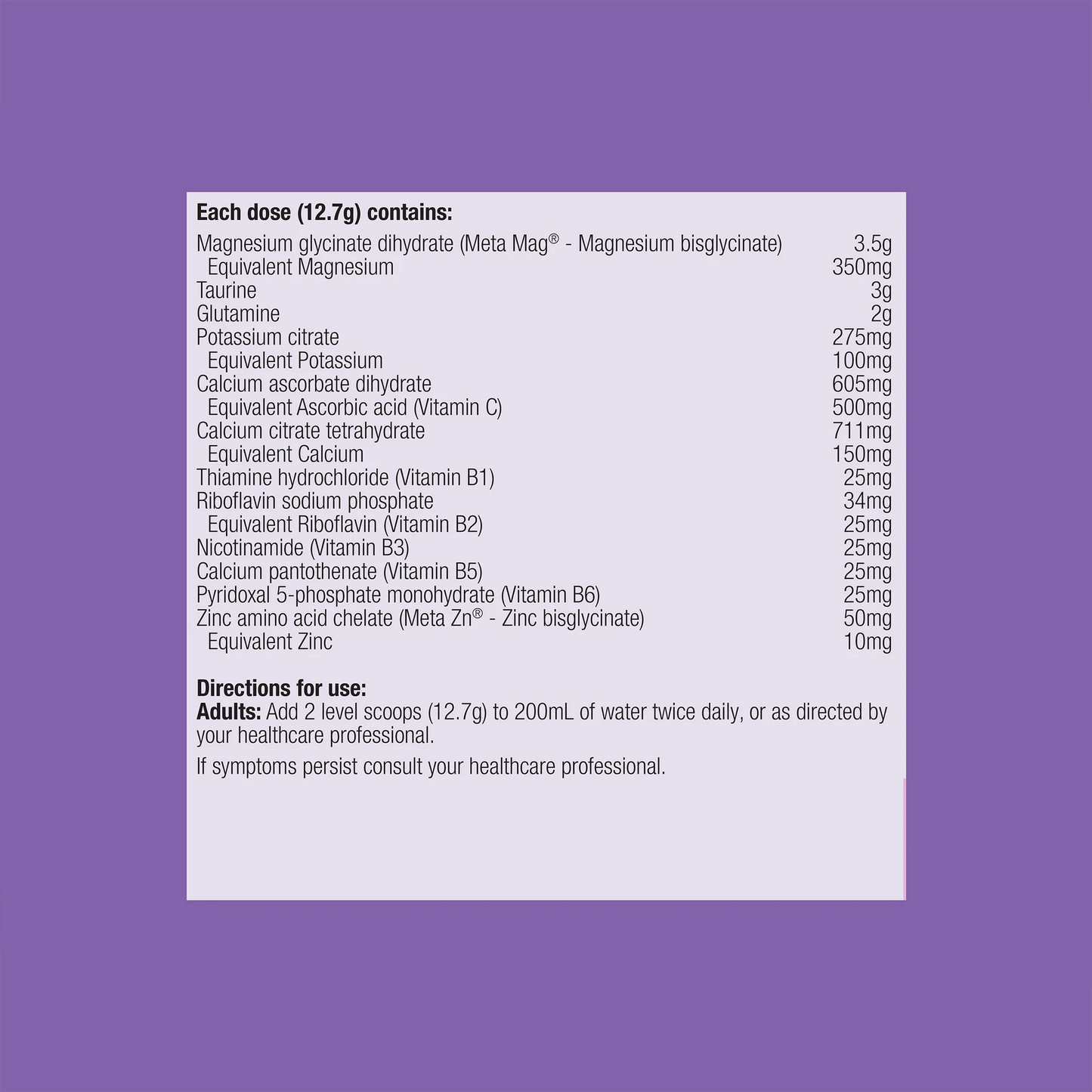Metagenics MetaRelax Powder ingredients panel MagActive magnesium glycinate taurine glutamine zinc B complex stress Australia Health Potential