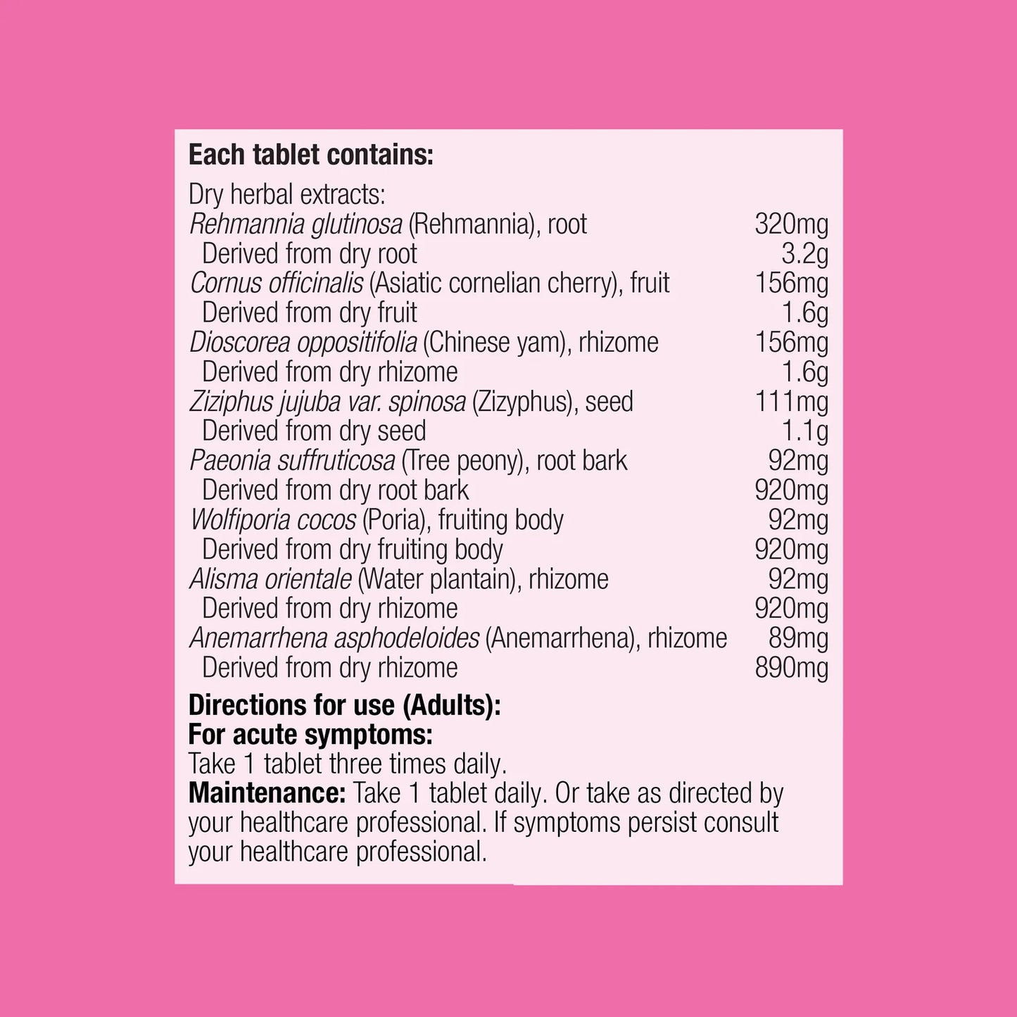 Metagenics O-Lift ingredients panel Rehmannia Cornus Chinese Yam Zizyphus Paeonia Tree Peony Poria Water Plantain Anemarrhena menopause Australia Health Potential