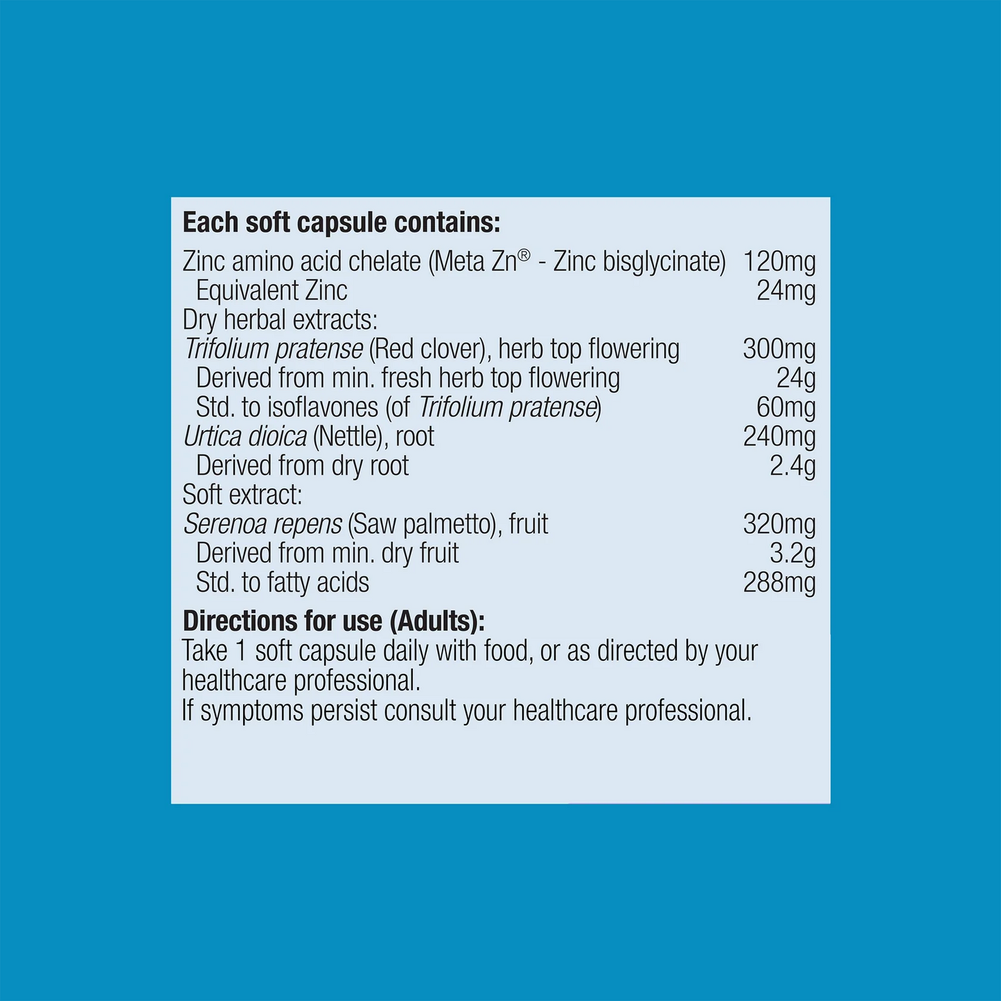 Metagenics Palmetto Plus ingredients panel saw palmetto zinc bisglycinate red clover nettle prostate BPH Australia Health Potential
