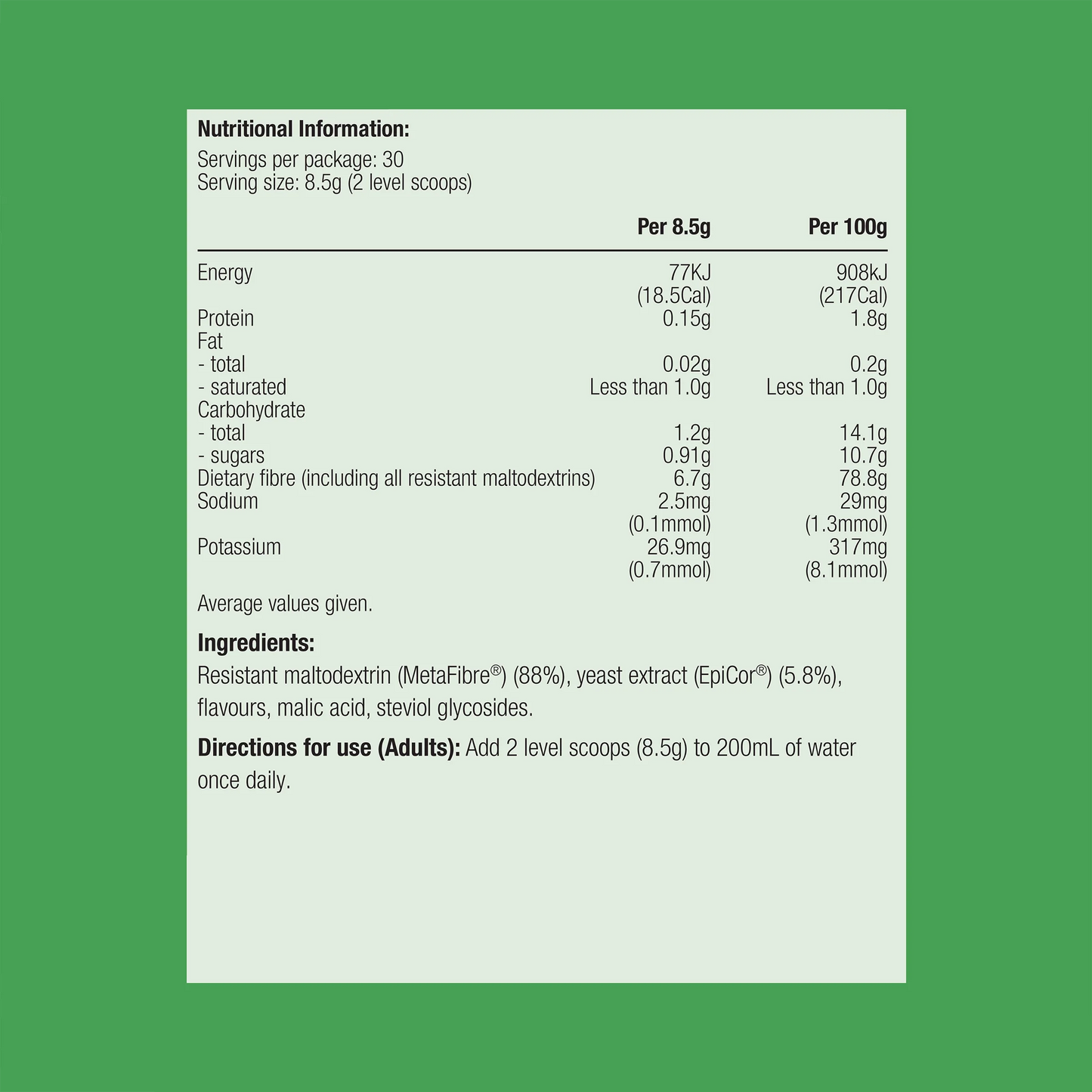 Metagenics UltraFlora Digest Probiotic ingredients nutrition panel MetaFibre resistant maltodextrin EpiCor yeast extract prebiotic digestive immunity Australia Health Potential