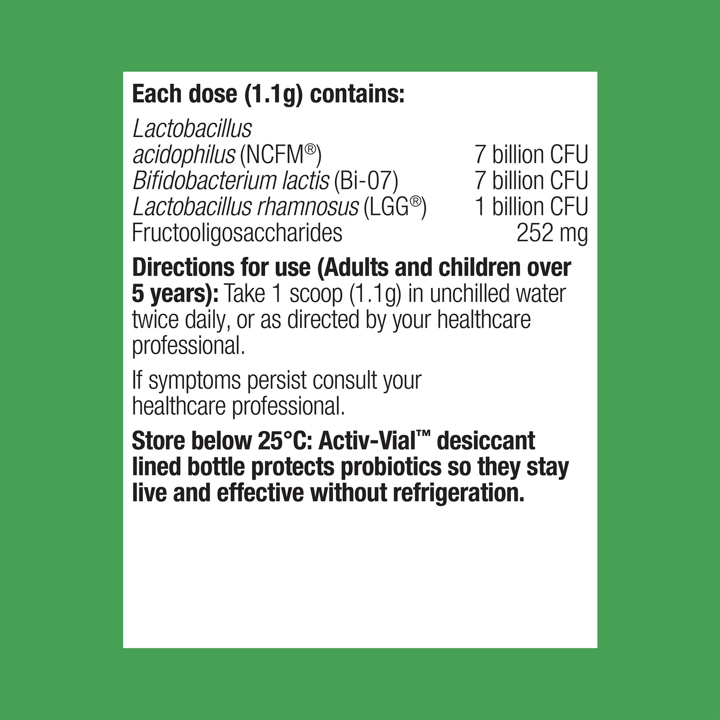 Metagenics UltraFlora Plus Dairy Free Probiotic ingredients panel NCFM Bi-07 LGG FOS fructooligosaccharides dairy free gut flora digestive Australia Health Potential