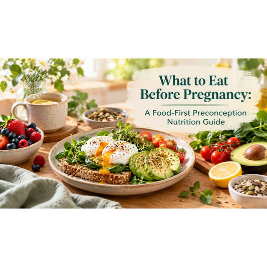 Healthy preconception breakfast with eggs, avocado, spinach, wholegrain toast and berries, illustrating what to eat before pregnancy.