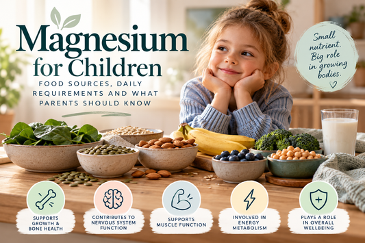 Young child with magnesium-rich foods including spinach, almonds, pumpkin seeds and chickpeas, illustrating children's nutritional needs.