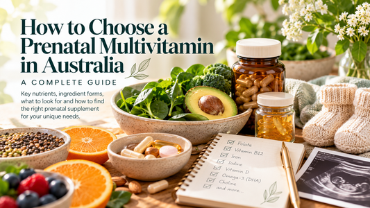 How to choose a prenatal multivitamin in Australia, with folate, vitamin B12, iodine and iron checklist, supplements and pregnancy nutrition foods