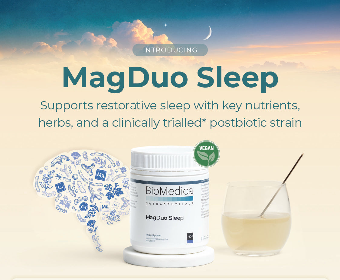 BioMedica MagDuo Sleep 300g Clinically Trialled Postbiotic Magnesium Glycine Gut Brain Axis Restorative Sleep Vegan Practitioner Australia Health Potential