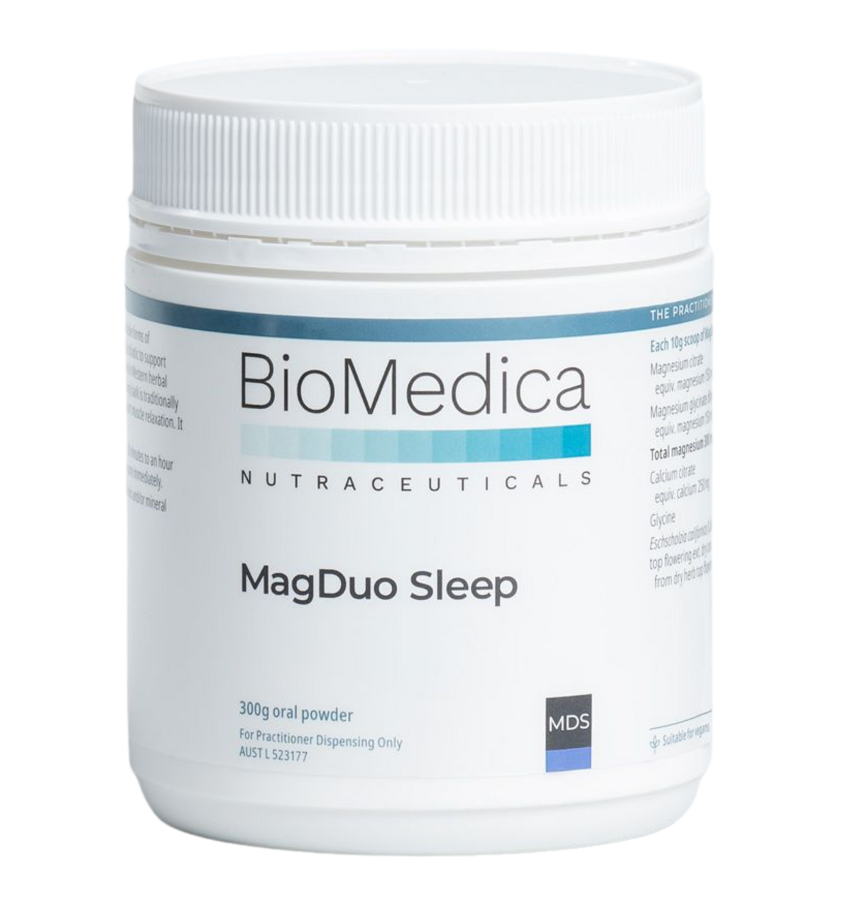 BioMedica MagDuo Sleep 300g magnesium glycine postbiotic skullcap California poppy vegan sleep muscle tension nervous system support and herbal sleep support clinically studied postbiotic gut brain Australia Health Potential