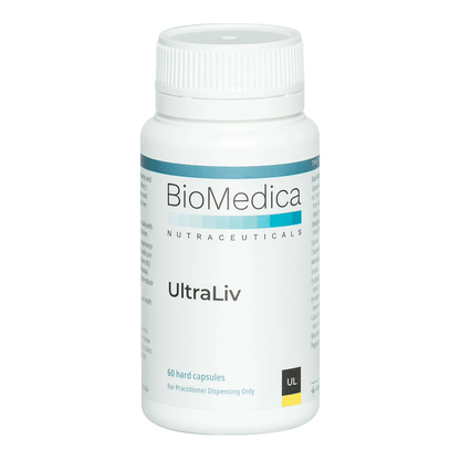 BioMedica UltraLiv 60 caps St Marys Thistle silybin dandelion taurine choline methionine inositol P5P peppermint oil easy swallow capsule low excipient liver detox methylation support hepatic support hepatoprotective methyl B12 mecobalamin folinic acid MTHFR vegan liver support Australia Health Potential