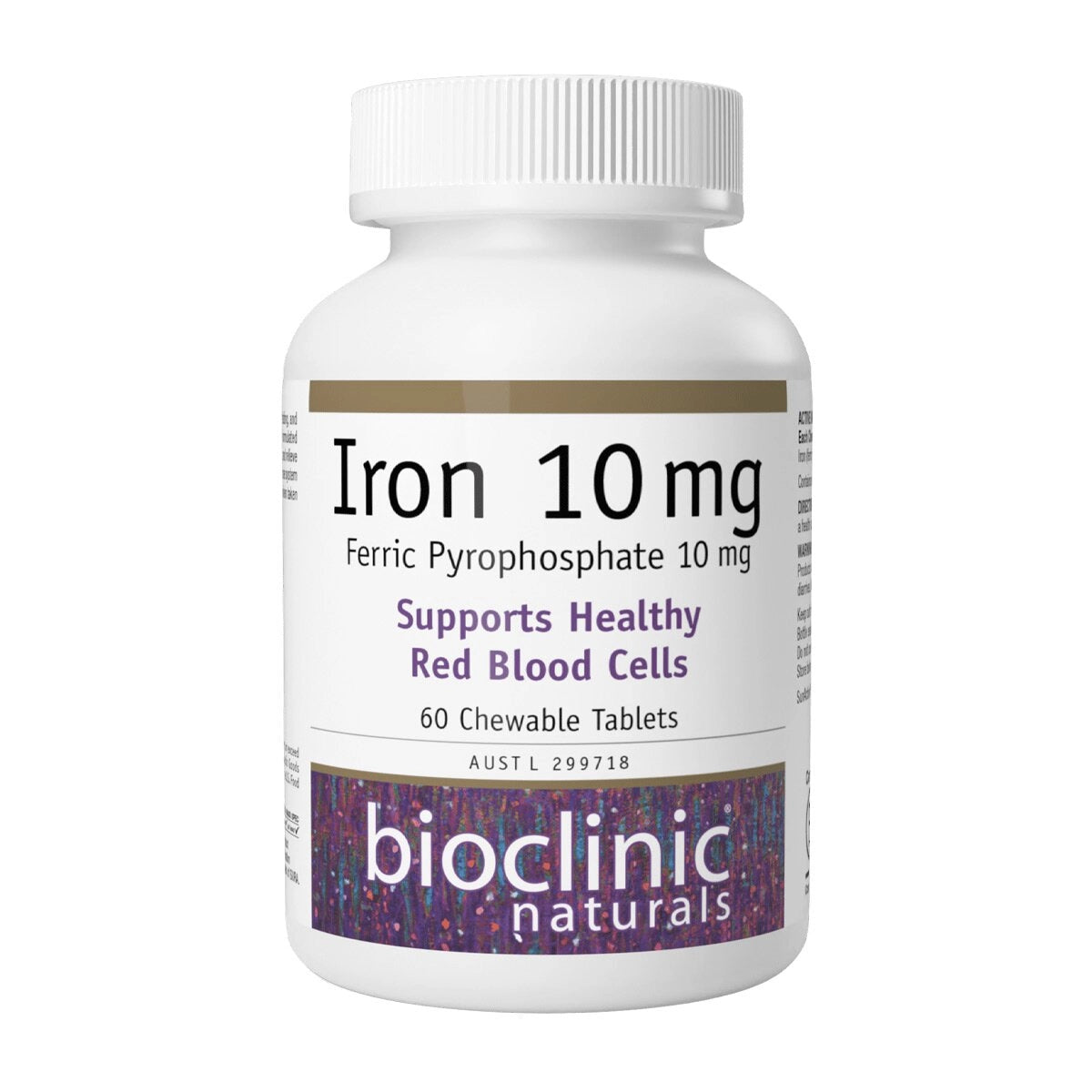 Bioclinic Naturals Iron 10mg 60 chewable tablets SunActive iron gentle bioavailable red blood cells energy no constipation Australia Health Potential
