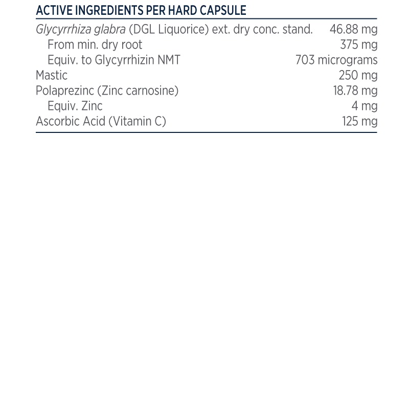 Designs for Health GastroMend-HP 60 caps DGL Mastic Polaprezinc Gut Ingredients Panel Australia Health Potential
