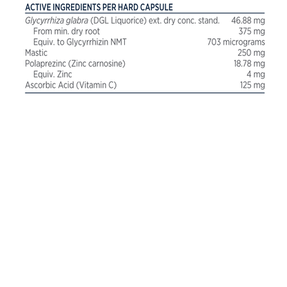 Designs for Health GastroMend-HP 60 caps DGL Mastic Polaprezinc Gut Ingredients Panel Australia Health Potential
