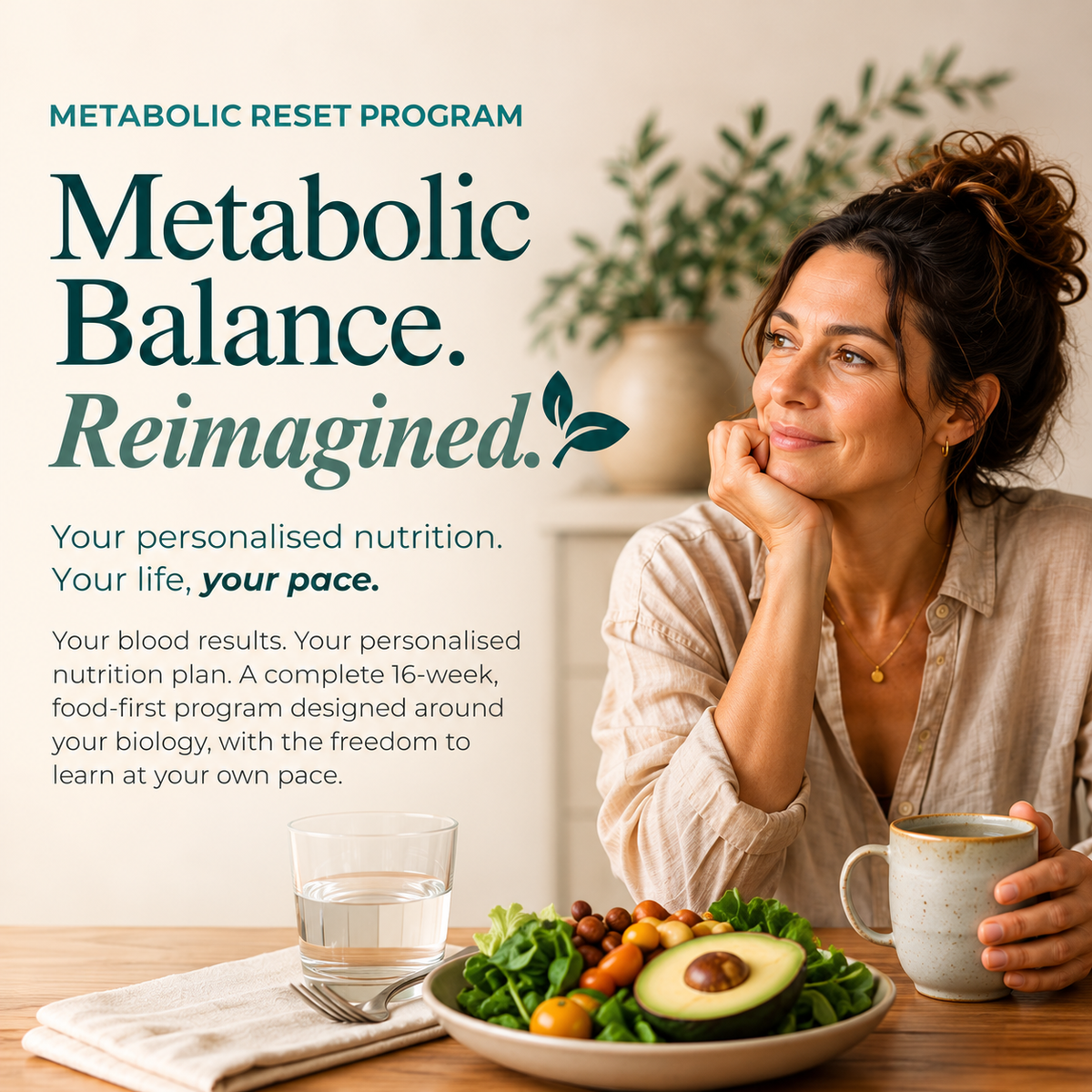 Health Potential Metabolic Reset Program homepage banner featuring Metabolic Balance Reimagined, personalised nutrition and a woman enjoying a healthy wholefood meal.