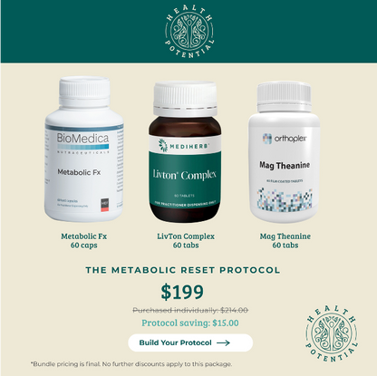 Health Potential Metabolic Reset Protocol Bundle Metabolic Fx Livton Complex Mag Theanine 199 dollars Protocol Saving 15 dollars Australia