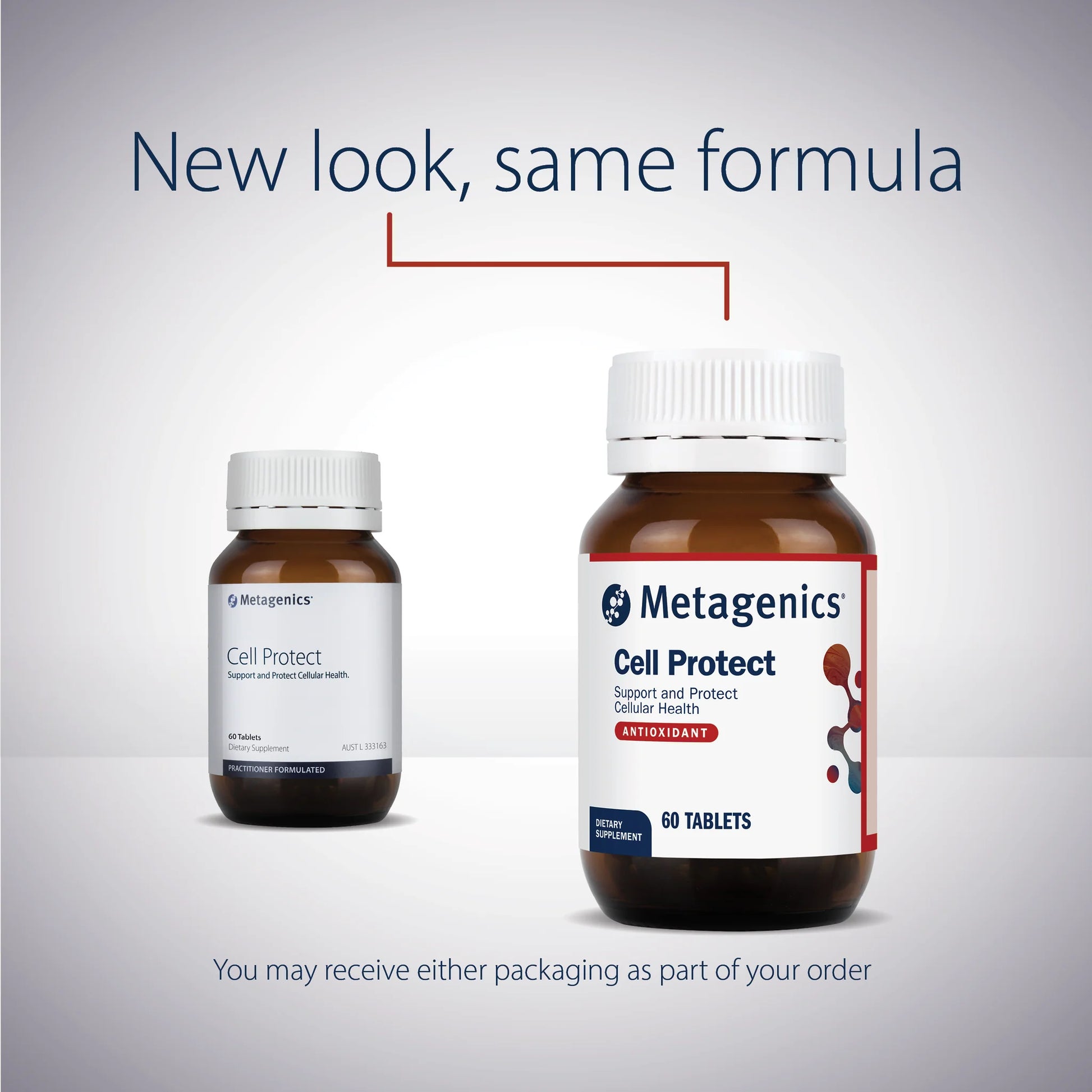 Metagenics Cell Protect 60 tabs New Look Same Formula BCM95 Resveratrol DNA Protection Ingredients Panel DNA Cellular Protection Australia Health Potential
