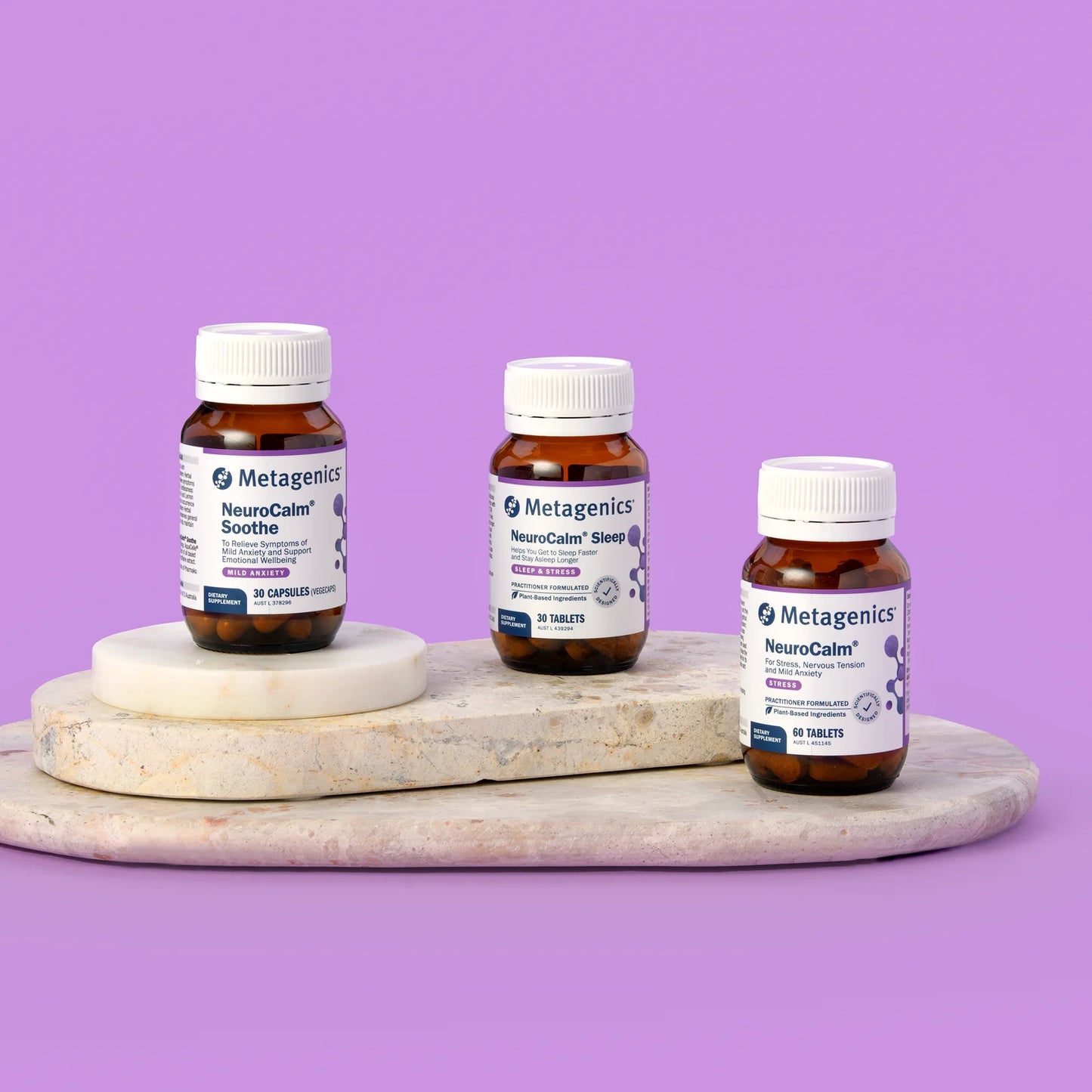 Metagenics NeuroCalm range lifestyle shot NeuroCalm NeuroCalm Sleep NeuroCalm Soothe natural anxiety relief sleep support stress nervous tension mild anxiety practitioner formulated Australia Health Potential