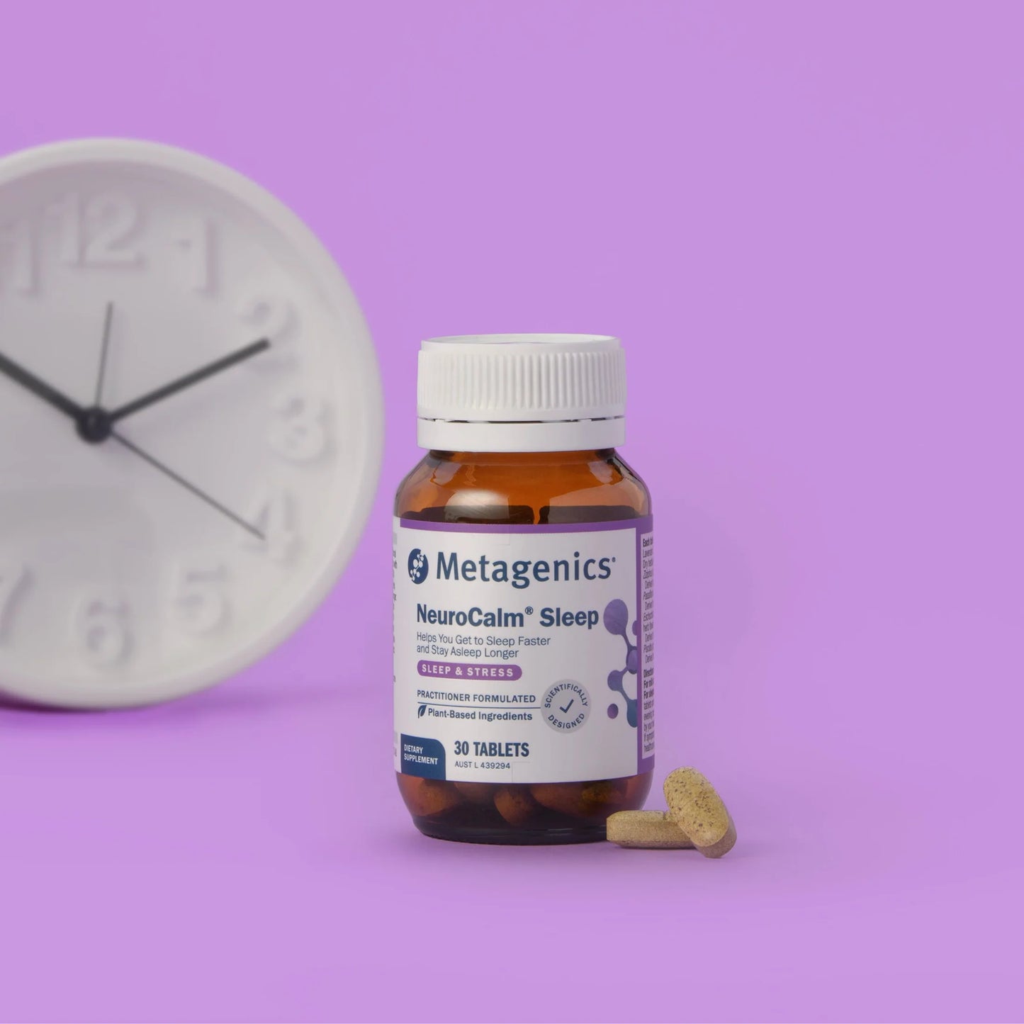 Metagenics NeuroCalm Sleep 30 tablets lifestyle shot with clock get to sleep faster stay asleep longer lavender zizyphus passionflower California poppy natural sleep insomnia Australia Health Potential
