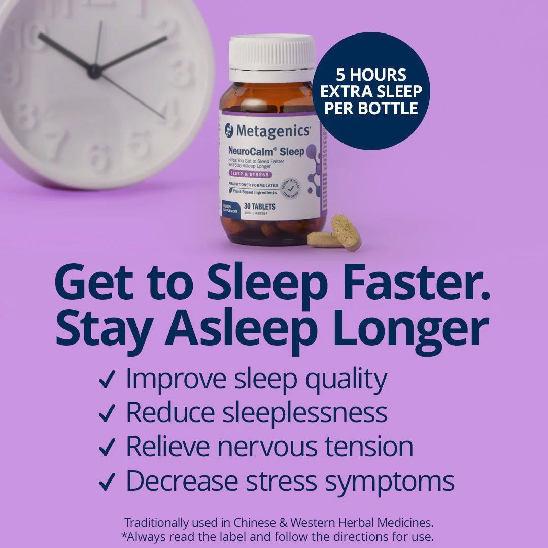 Metagenics NeuroCalm Sleep benefits tile get to sleep faster stay asleep longer 5 hours extra sleep per bottle improve sleep quality reduce sleeplessness relieve nervous tension Australia Health Potential