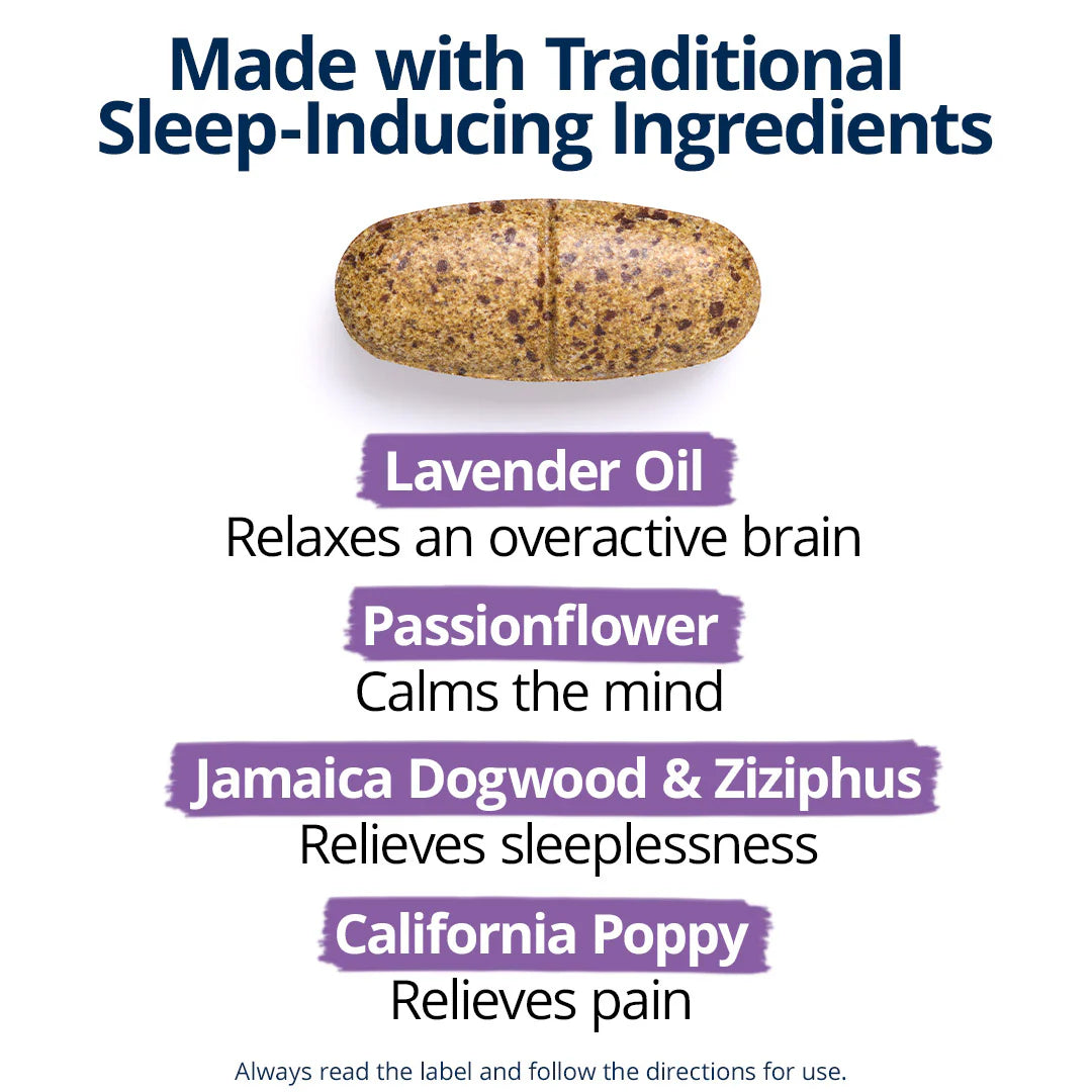 Metagenics NeuroCalm Sleep traditional sleep-inducing ingredients tile lavender relaxes overactive brain passionflower calms mind Jamaica dogwood zizyphus California poppy relieves sleeplessness Australia Health Potential