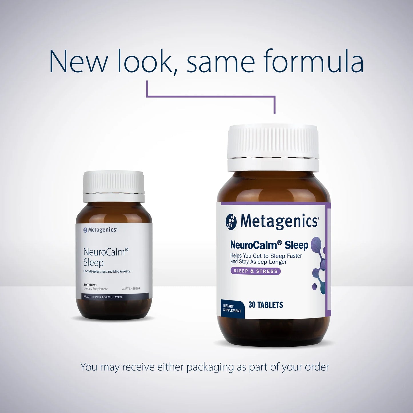 Metagenics NeuroCalm Sleep New Look Same Formula lavender zizyphus passionflower California poppy natural sleep Australia Health Potential