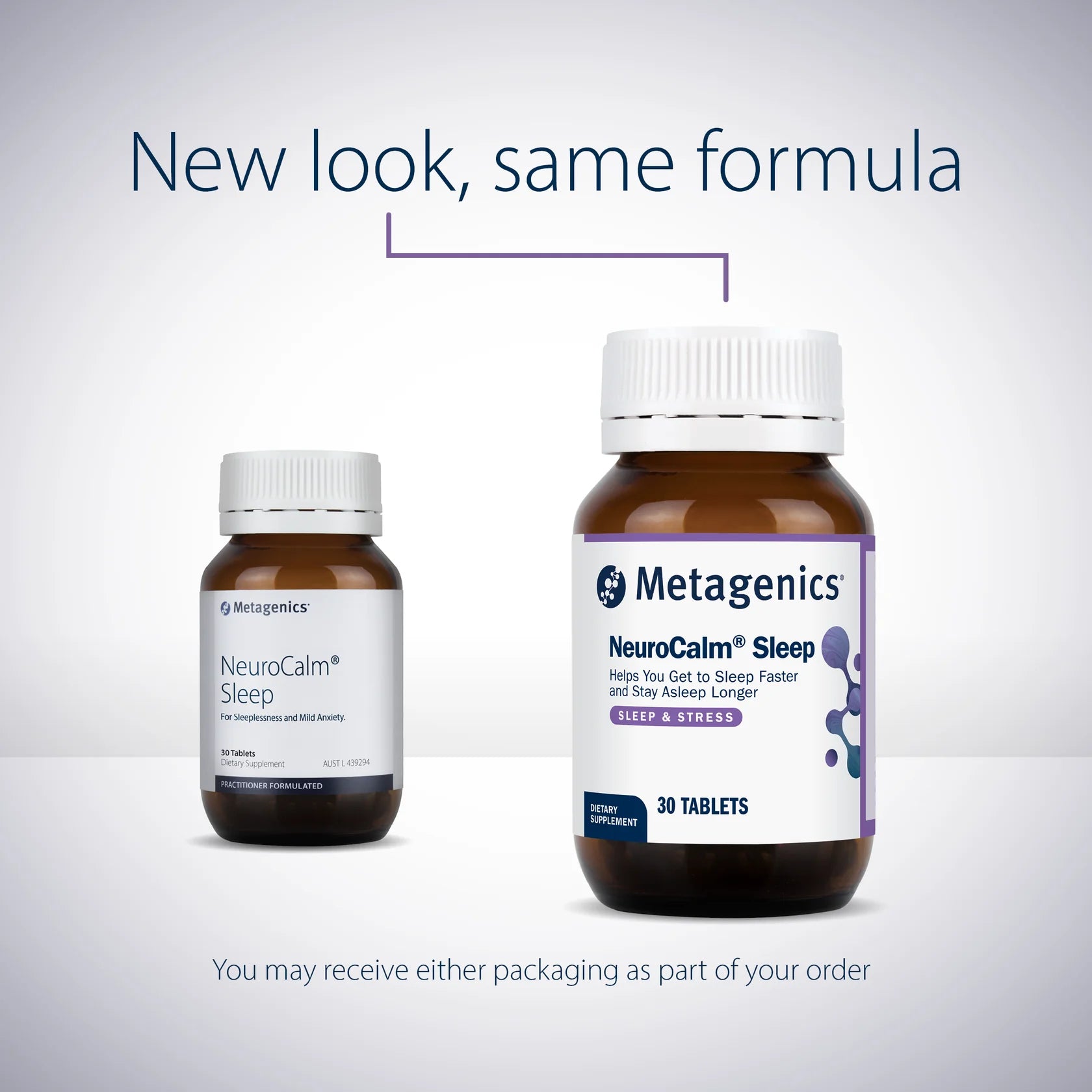 Metagenics NeuroCalm Sleep New Look Same Formula lavender zizyphus passionflower California poppy natural sleep Australia Health Potential