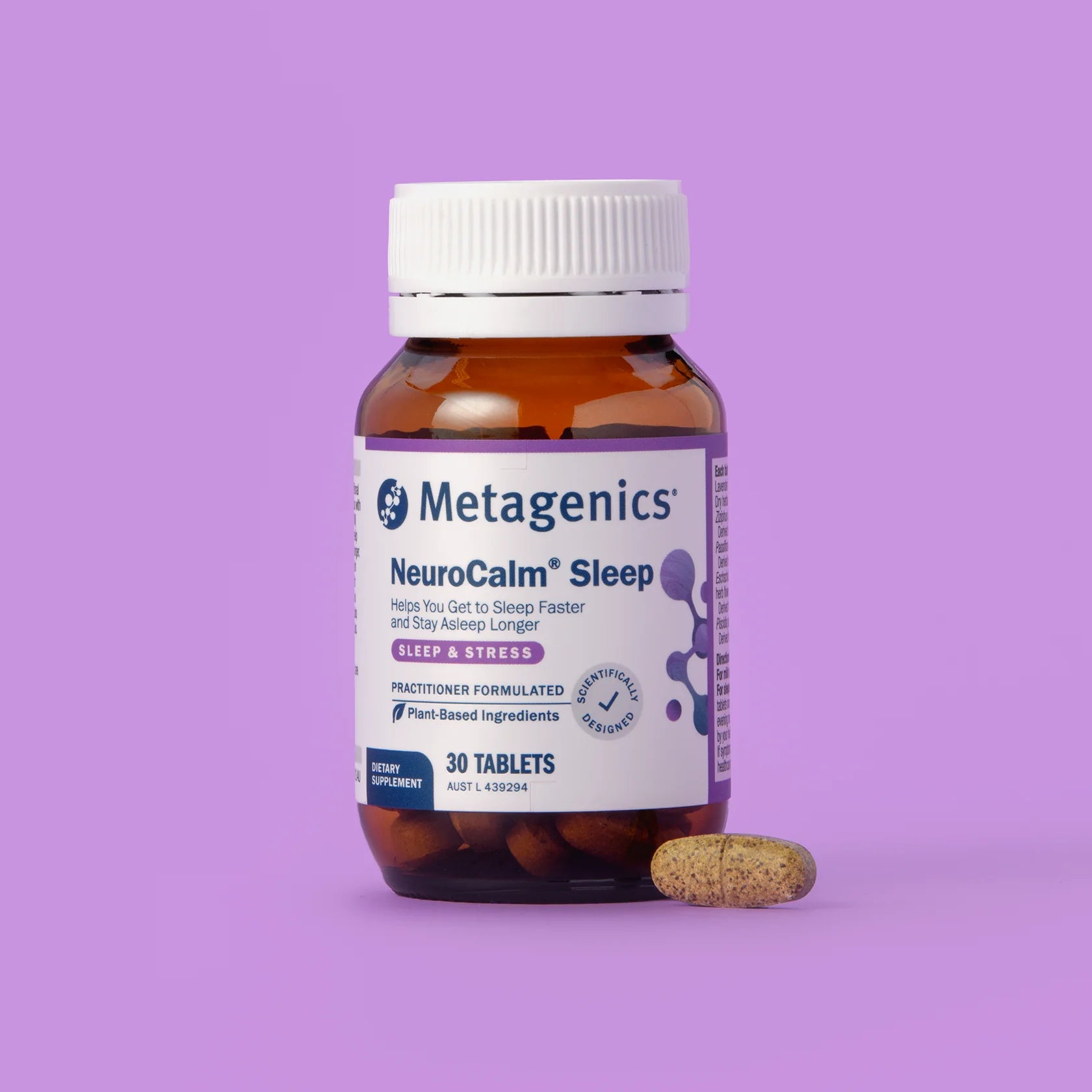 Metagenics NeuroCalm Sleep tablet shot lavender zizyphus passionflower California poppy Jamaica dogwood natural sleep Australia Health Potential