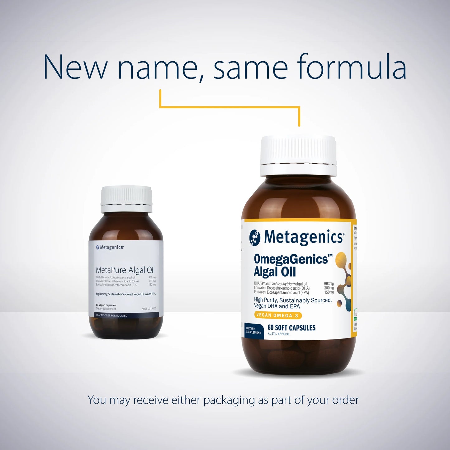  Metagenics OmegaGenics Algal Oil New Look Same Formula vegan DHA EPA algae brain pregnancy cognitive function Australia Health Potential