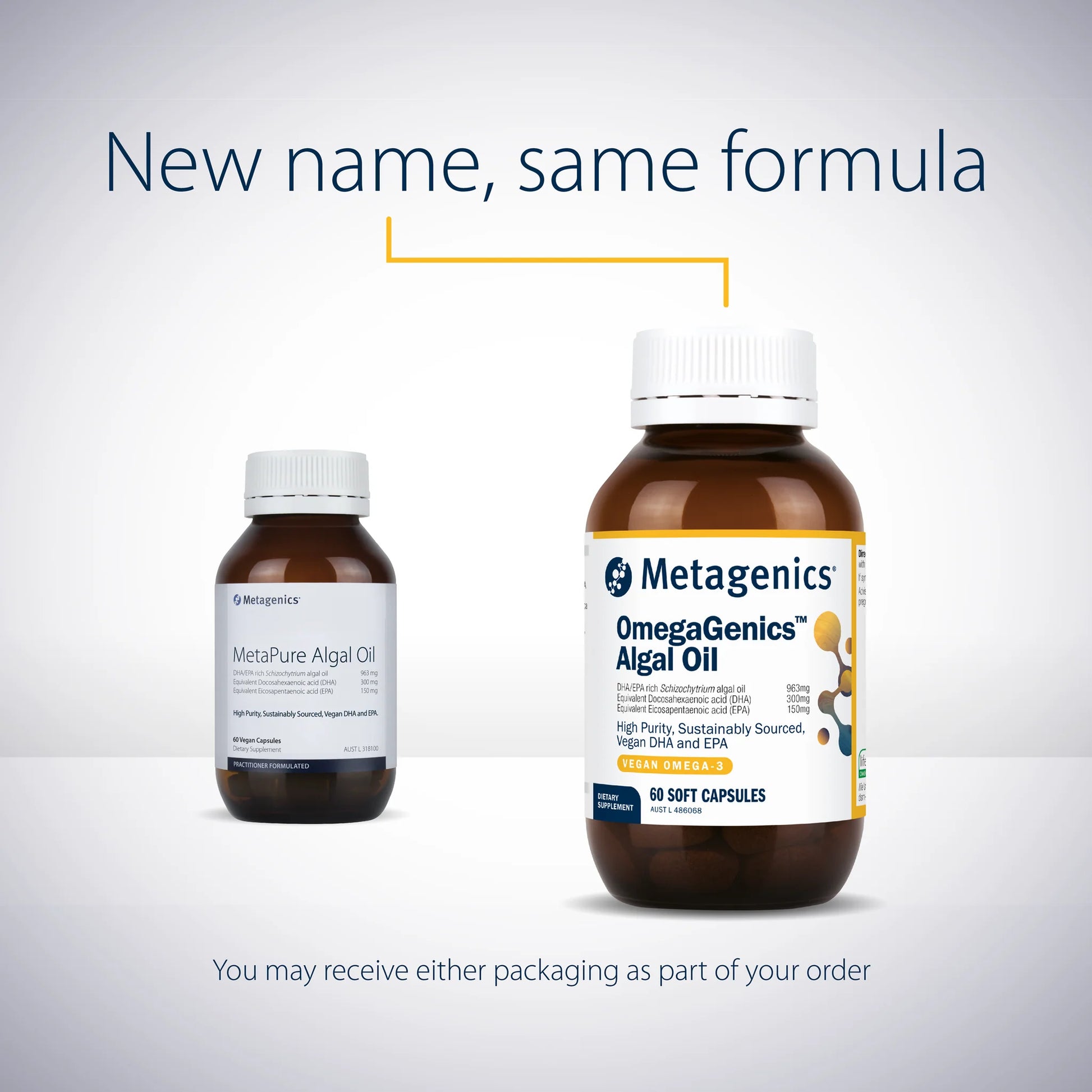  Metagenics OmegaGenics Algal Oil New Look Same Formula vegan DHA EPA algae brain pregnancy cognitive function Australia Health Potential