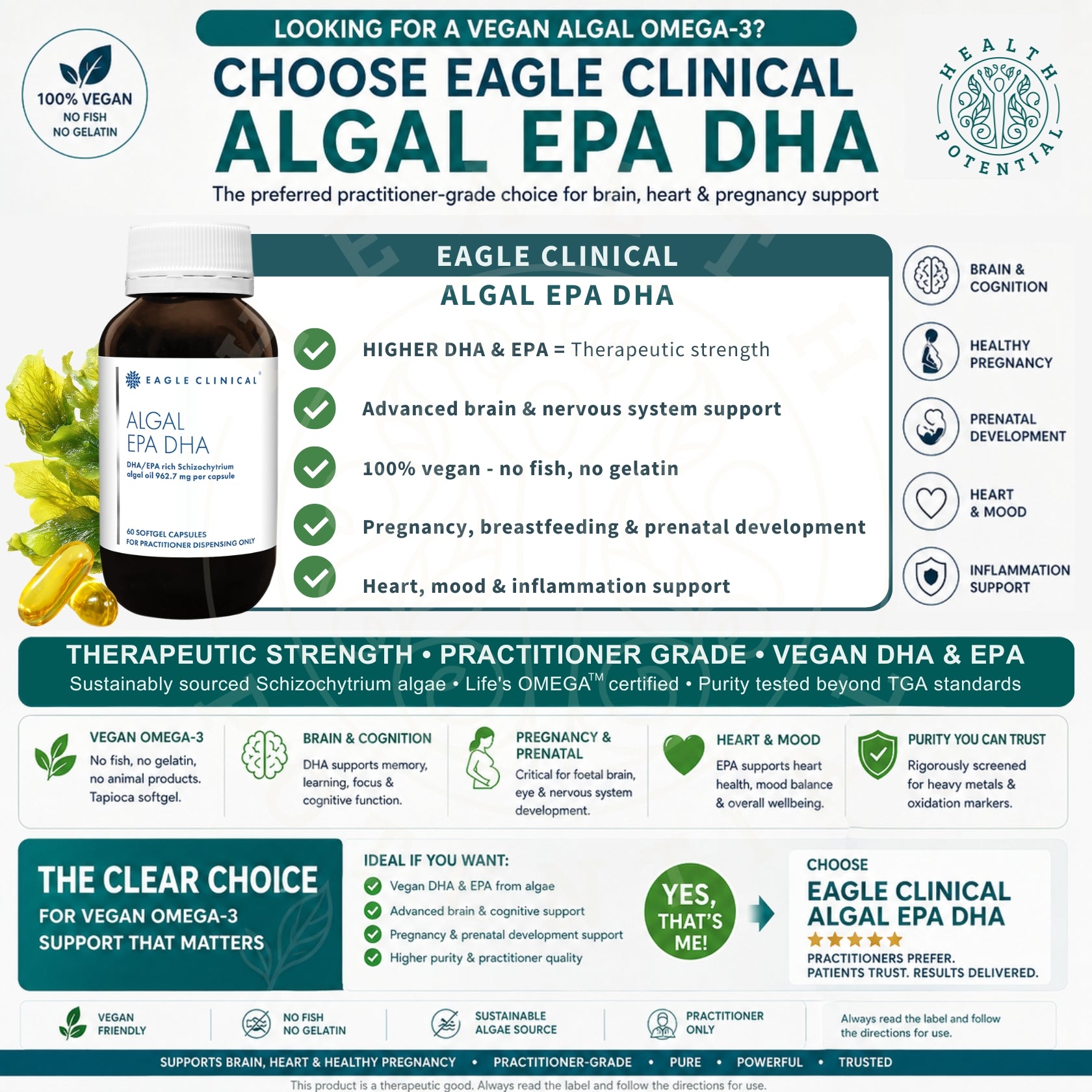 Looking for vegan algal omega-3 choose Eagle Clinical Algal EPA DHA higher DHA EPA therapeutic strength vegan no fish no gelatin brain cognition pregnancy prenatal heart mood inflammation practitioner grade Life's OMEGA certified Australia Health Potential