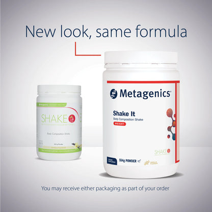 Metagenics Shake It new look same formula whey soy protein low carb body composition weight management Australia Health Potential