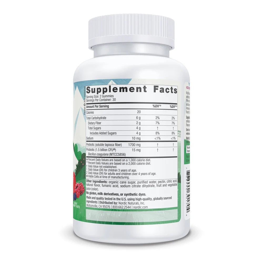 Nordic Naturals Kids Probiotic Gummies side ingredients panel Bacillus coagulans prebiotic tapioca fibre non-GMO vegan no synthetic dyes kids Australia Health Potential