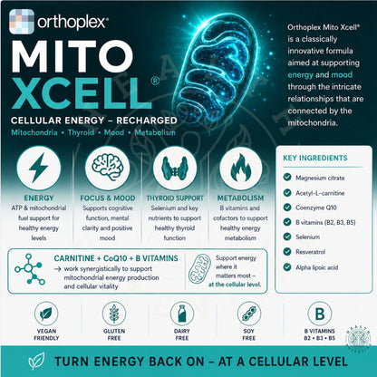 Mito Xcell Cellular Energy ALCAR CoQ10 Magnesium Resveratrol B Vitamins Mitochondria Thyroid Mood Metabolism Health Potential